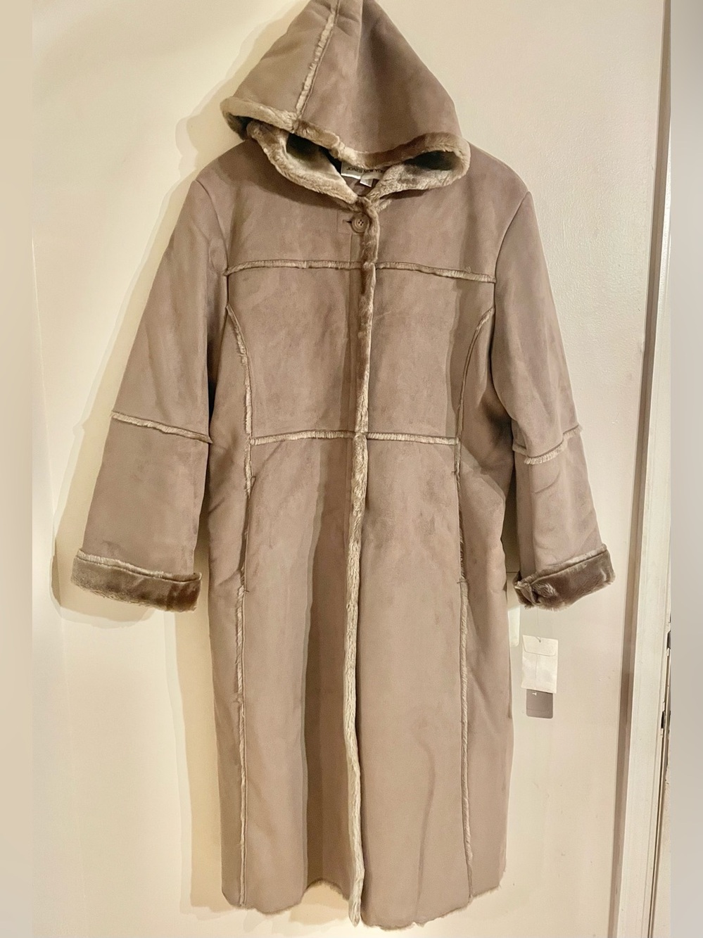 NWT- Jones New York Taupe 90s Y2K  Hooded Penny Lane Shearling-Trim Long Coat L
